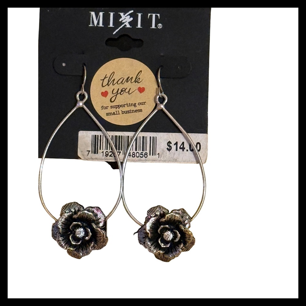 NWOT MIXIT Silver Tone Teardrop Hoop Earrings with Rose Flower Charm